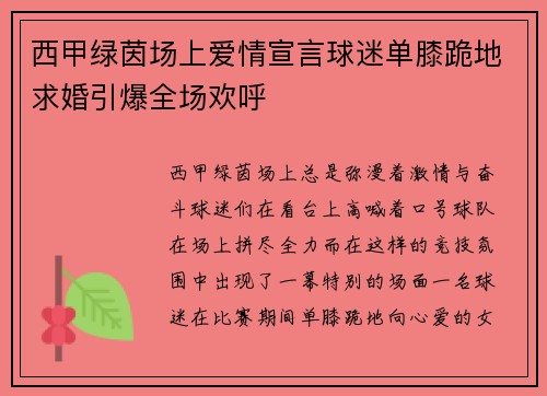 西甲绿茵场上爱情宣言球迷单膝跪地求婚引爆全场欢呼