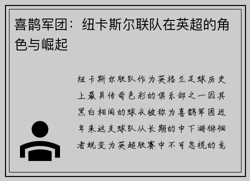 喜鹊军团：纽卡斯尔联队在英超的角色与崛起