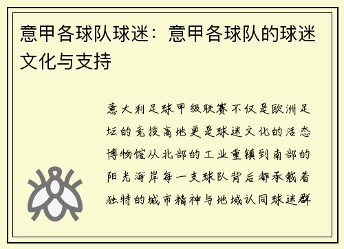 意甲各球队球迷：意甲各球队的球迷文化与支持