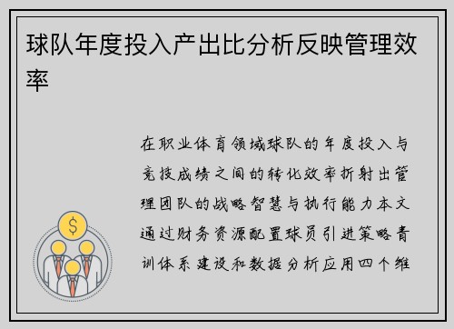 球队年度投入产出比分析反映管理效率